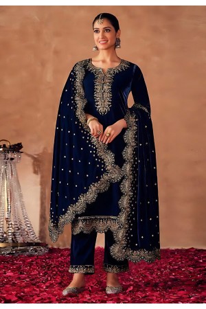 Navy blue velvet pakistani suit 4100D