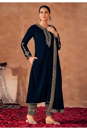 Navy blue velvet pant style suit 8100E