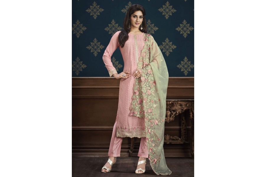 Rose Pink Premium Chinon Designer Suit Set