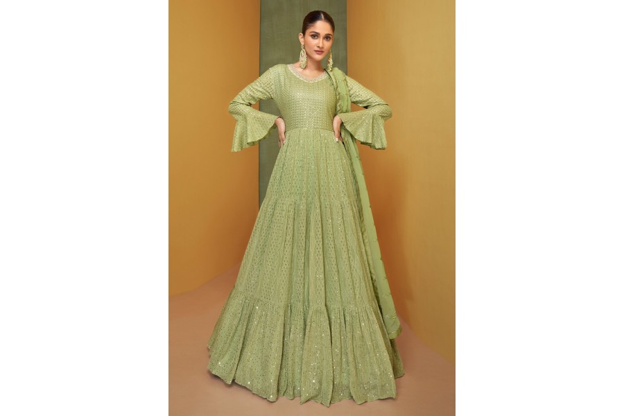 Pista Green Anarkali style Anarkali Butterfly Net main image 0