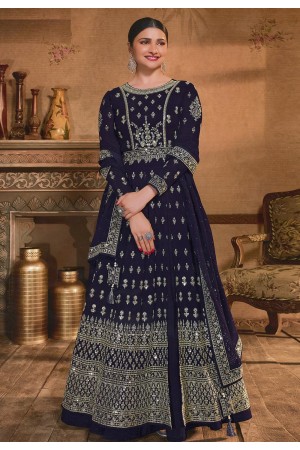 Prachi desai navy blue georgette long anarkali suit 158675