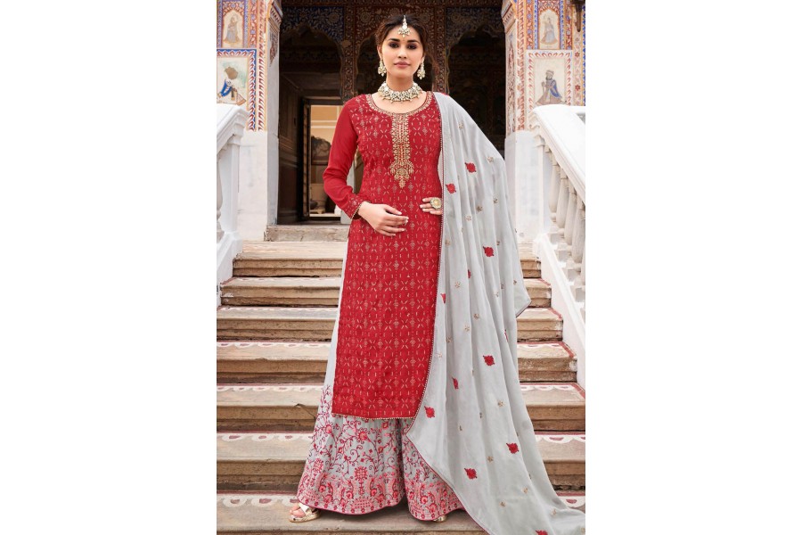 Orange Embellished Chinon Palazzo Suit Set With Dupatta