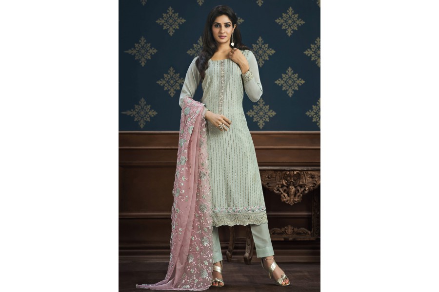 Sky Blue Pure Viscos Chinon Chiffon Pant Suit