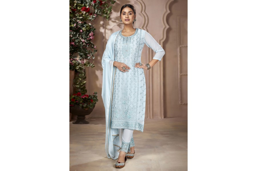 Light Sky Blue Pant style Salwar Suit Faux Georgette main image 1