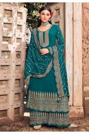 Teal faux georgette embroidered palazzo suit 201A