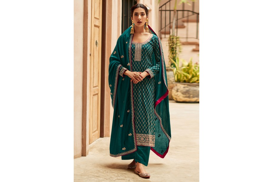Teal Blue Paithani Silk Pant Suit