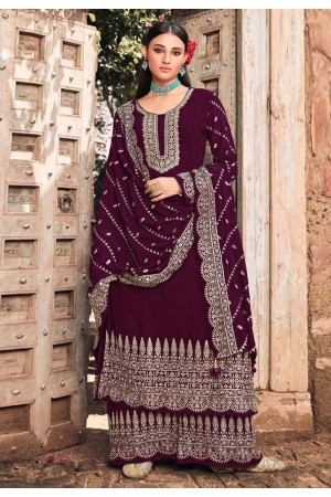 Wine faux georgette embroidered palazzo suit 201E