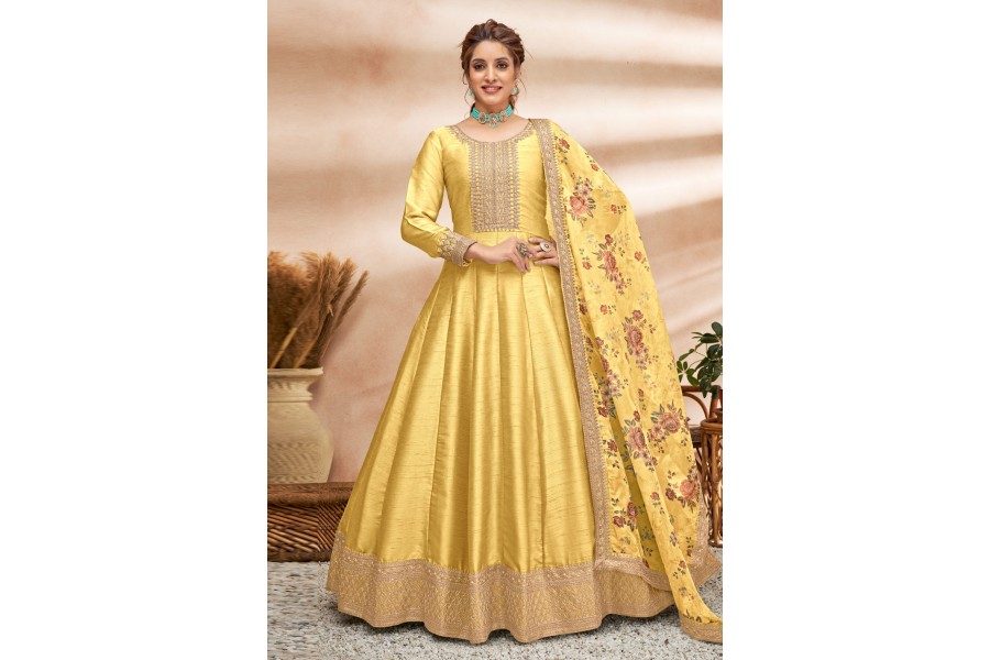 Yellow Self Design Silk Anarkali Suit Set
