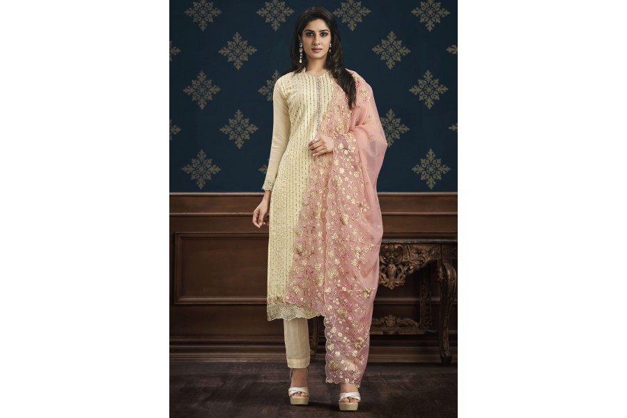 Stylish Yellow Chinon Heavy Designer Suit Collection Here With Multi Colour Chinon