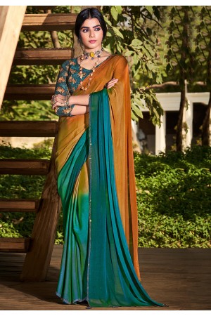 Ombre chiffon saree in Mustard and teal  blue color