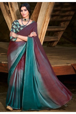Ombre chiffon saree in Wine and teal blue