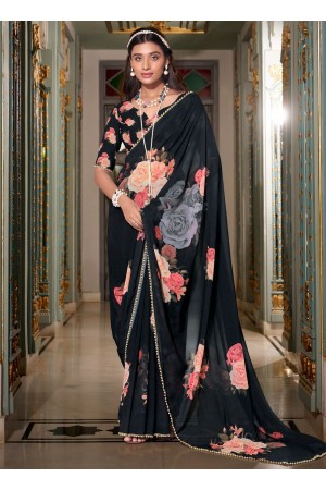Black color georgette floral print with peal border designer wear saree 7007