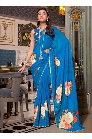 Blue color georgette floral print with peal border designer wear saree 7007
