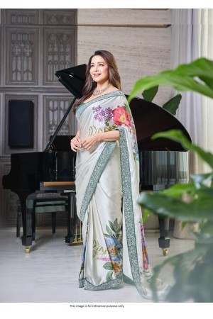 Bollywood Madhuri dixit inspired white satin silk digital print saree