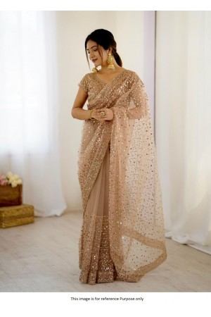 Bollywood model Beige and gold dori sequins net party wear saree
