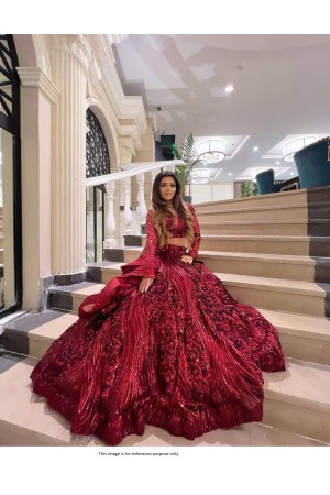 Bollywood Model Maroon net sequins partywear lehenga choli