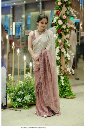 Bollywood model offwhite pink shaded sequins georgette party saree