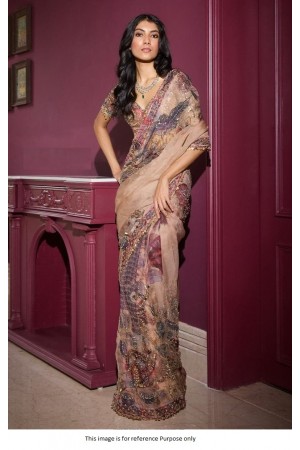 Bollywood model Peach handwork and digital print georgette saree
