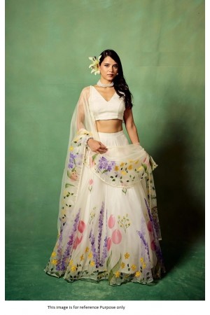 Bollywood Model White tabby silk printed lehenga choli