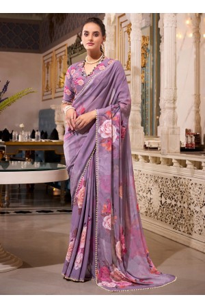 Lavender color georgette floral print with peal border designer wear saree 7007