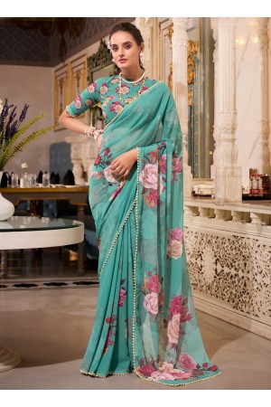 Rama color georgette floral print with peal border designer wear saree 7007