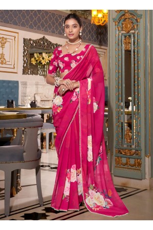 Rani Pink georgette floral print with peal border designer wear saree 7007