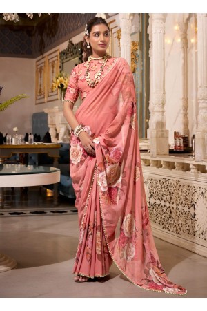 Salmon color georgette floral print with peal border designer wear saree 7007