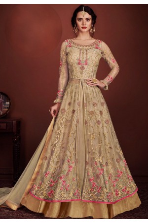 beige net embroidered floor length lehenga style anarkali suit 8147