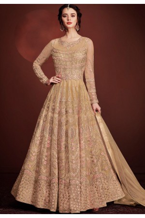 beige net long embroidered anarkali suit 8145