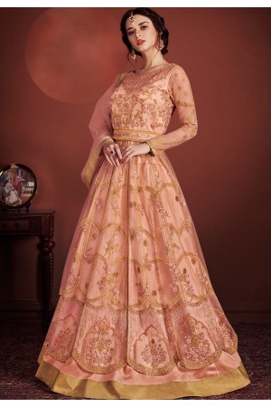 peach net embroidered lehenga style anarkali suit 8149