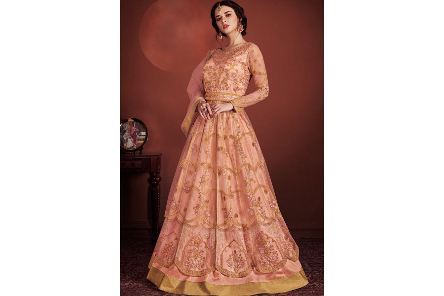 Peach Net Festive Wear Anarkali Suit
