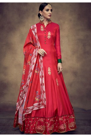 red tapeta and satin silk embroidered readymade anarkali gown 39012