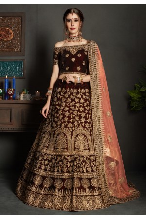 maroon velvet embroidered circular lehenga choli 1901