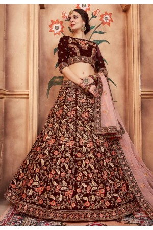 maroon velvet embroidered circular lehenga choli 2009