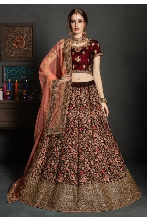 maroon velvet embroidered lehenga choli 1902