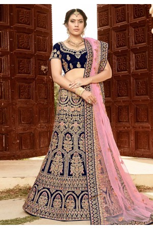 navy blue velvet circular lehenga choli 9005