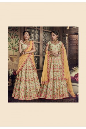 pista green raw silk a line lehenga choli 5144