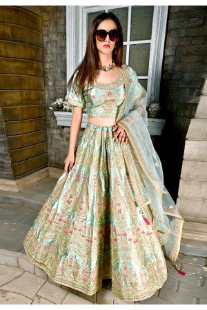 sea green satin circular lehenga choli 9984