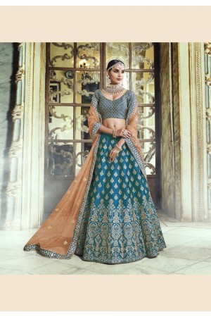 teal blue satin circular lehenga choli 5130