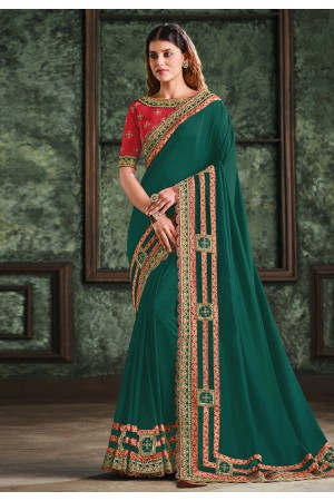 Green satin silk saree with blouse 22015