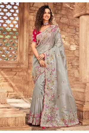 Grey net festival wear saree 1601