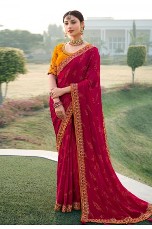 Magenta satin chiffon saree with blouse 1101