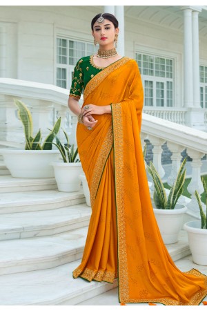 Mustard satin chiffon festival wear saree 1110