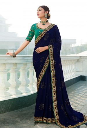 Navy blue satin chiffon festival wear saree 1108