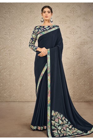 Navy blue satin silk saree with blouse 41904