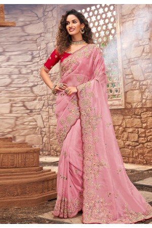 Pink net festival wear saree 1609