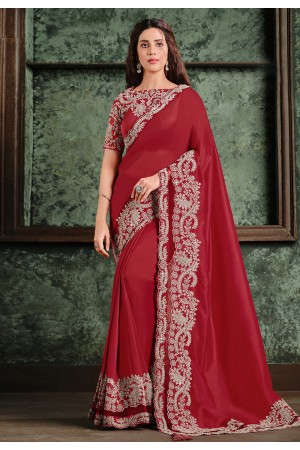 Red satin silk festival wear saree 22008