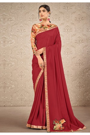 Red satin silk festival wear saree 41905