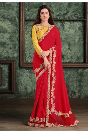 Red satin silk saree with blouse 22011