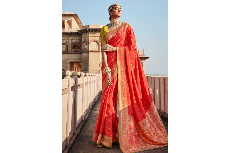 Women's Silk Blend Red Printed Designer Saree With Blouse Piece